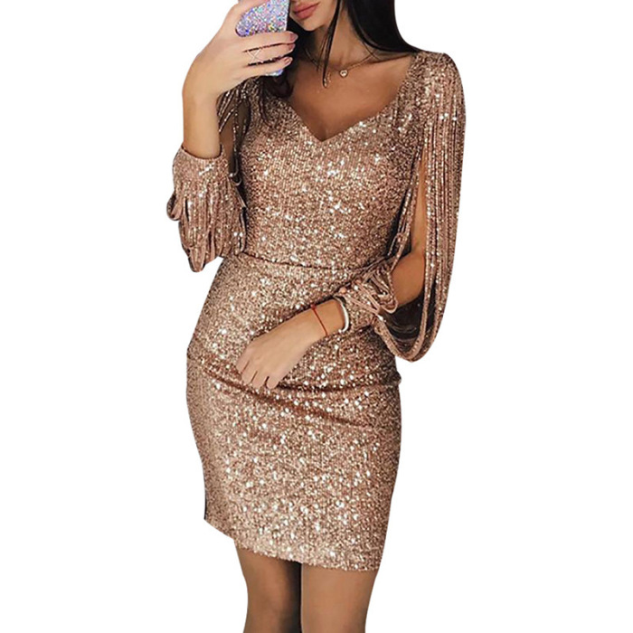Sparkling Tassel Long Sleeve Slim Fit Hip Dress 60