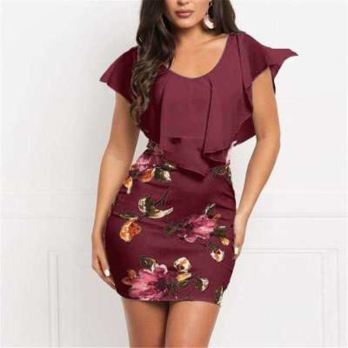 Women's fake two-piece printed slim dress 59