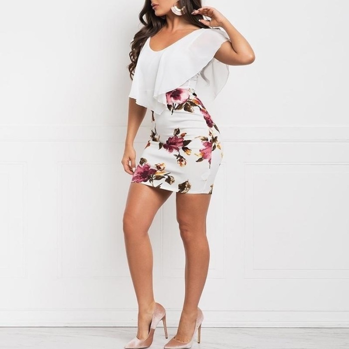Women's fake two-piece printed slim dress 59